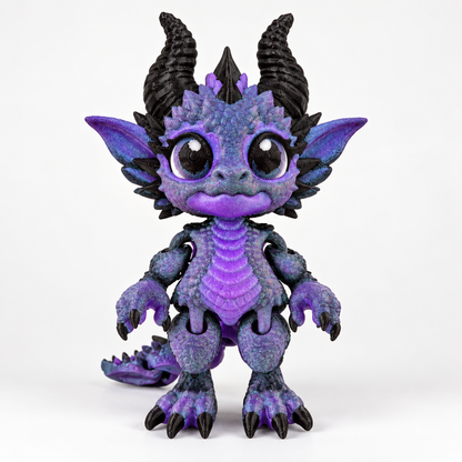 Purple and black 3D printed Dragon Doll on a clean light background, showing its curved horns, large eyes, textured scales, jointed limbs, claws, and tail