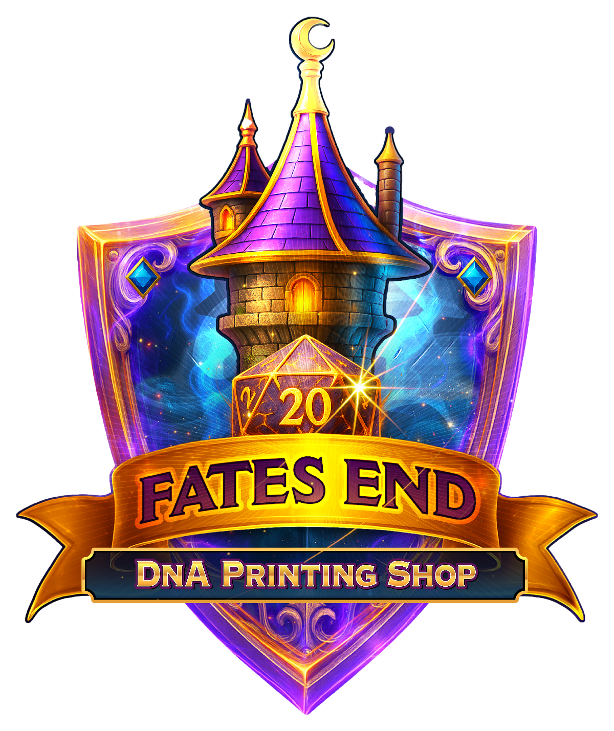 Logo for Fates End DNA Printing Shop with a fantasy castle design on a shield.